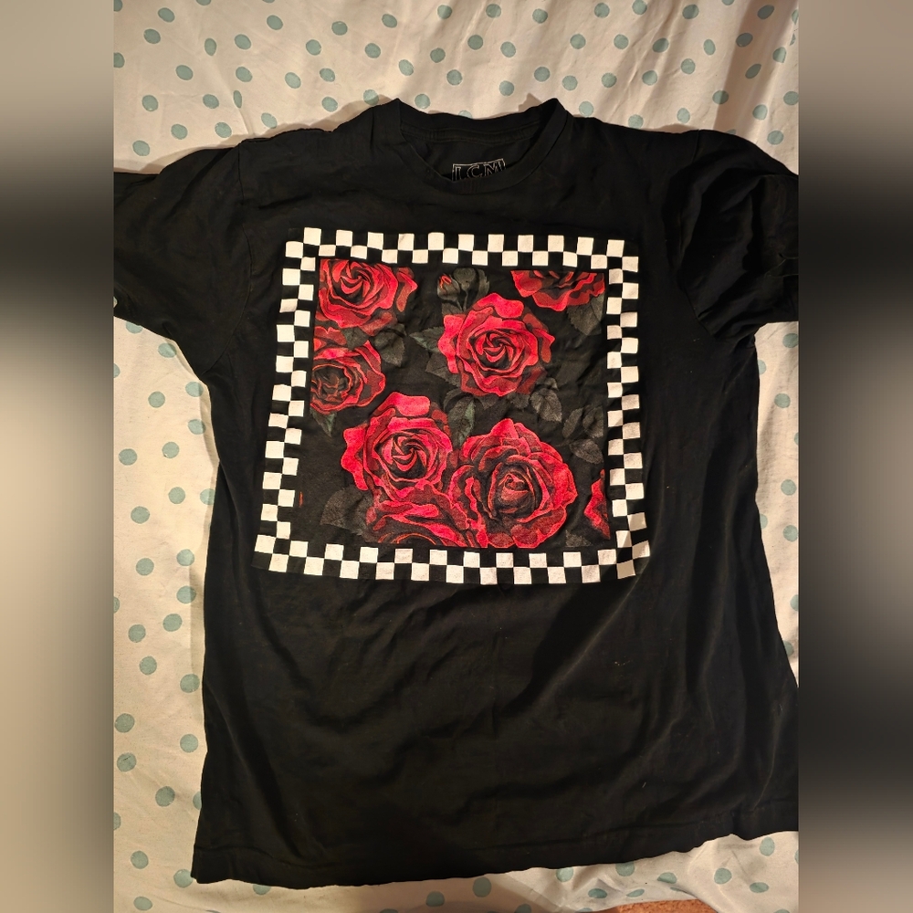 Black T-Shirt with Red Rose and Checkered Design
